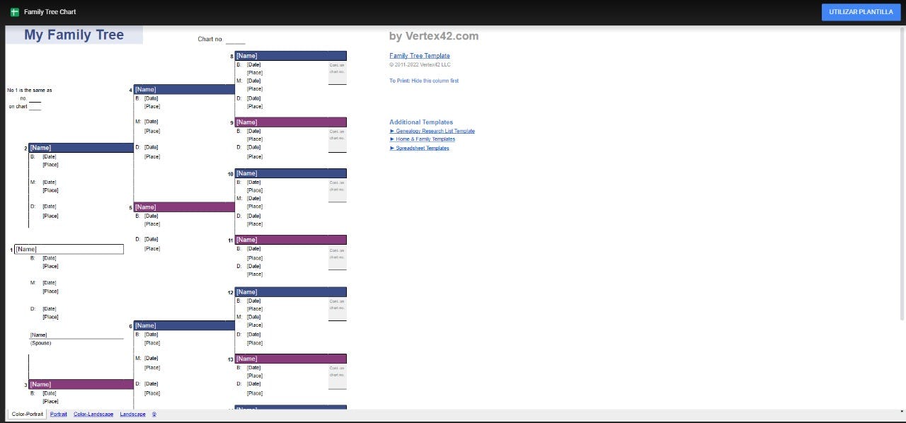 Árbol genealógico template de Google Sheets