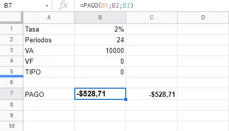 ejemplo de formula de funcion pago en google spread sheets