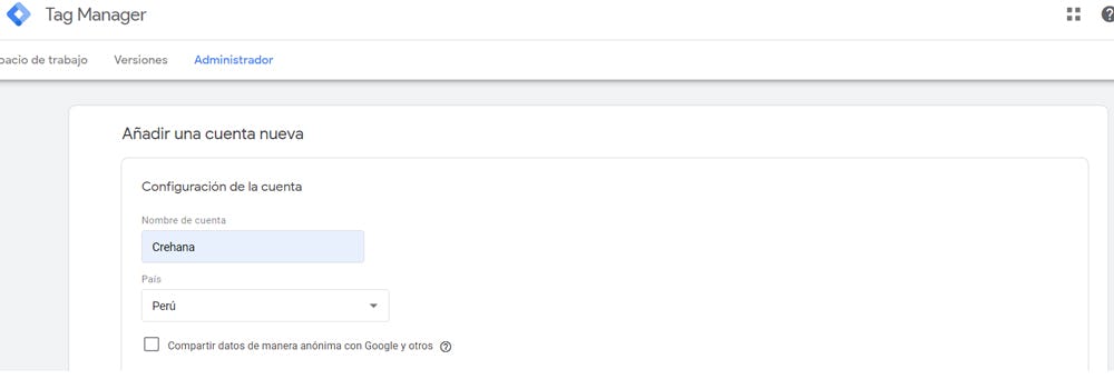 añadir una cuenta nueva en Google Tag Manager