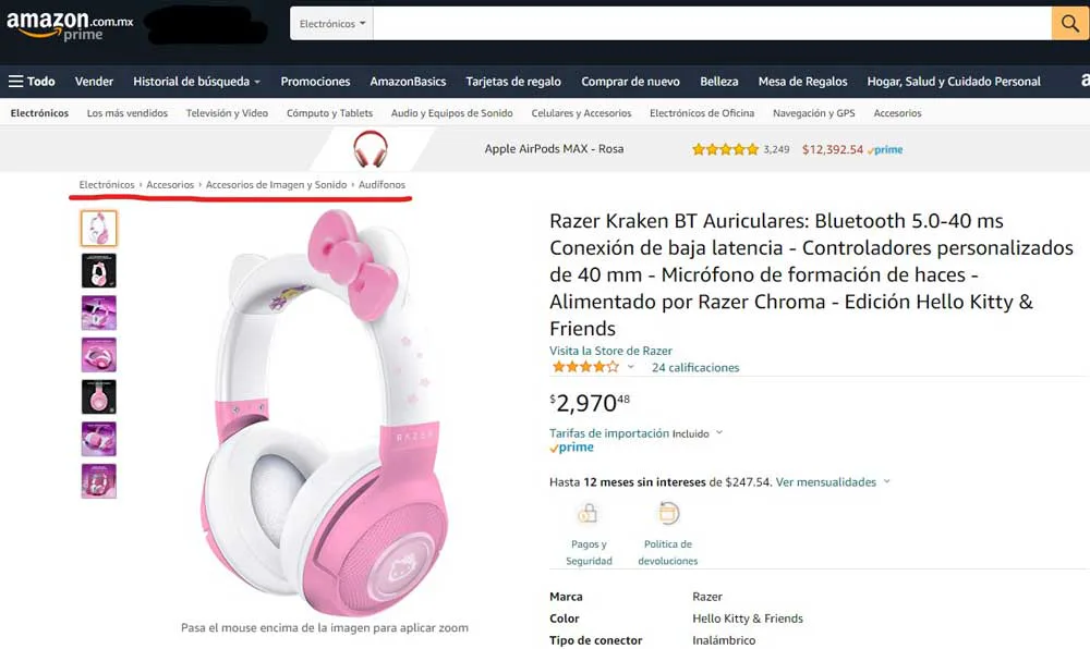 ejemplo breadcrumbs de amazon