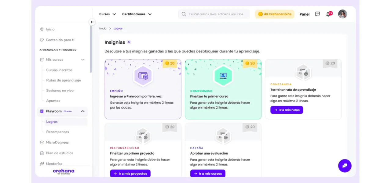 Plataforma de desarrollo de Crehana gamificación