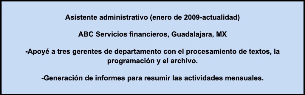 Ejemplo que debe contener un currículum en Experiencia laboral