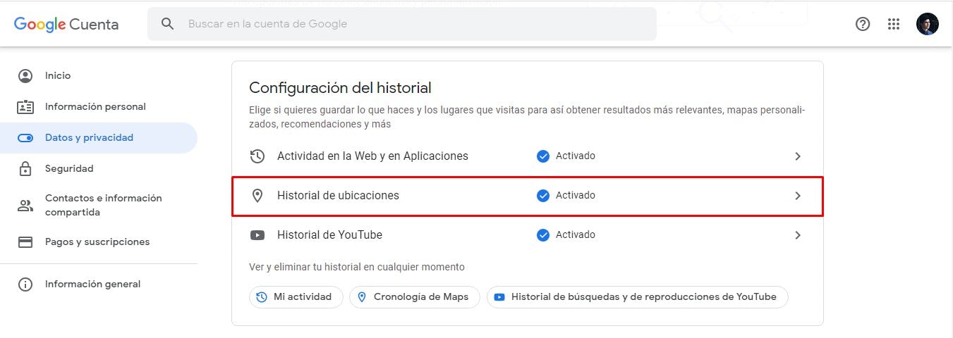 Historial de ubicaciones en cuenta de Google