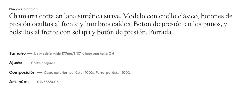 Descripción de chamarra H&M