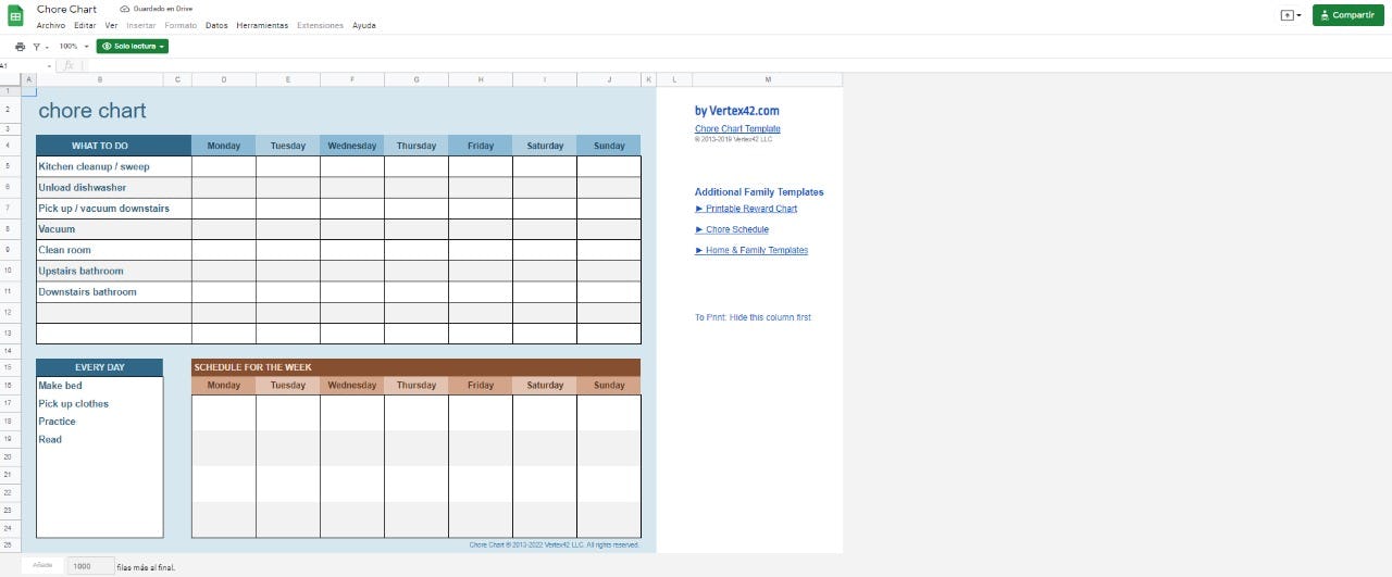 Tareas del hogar plantilla de Google Sheets