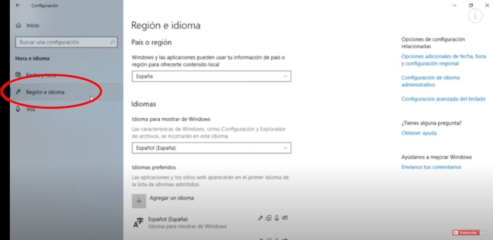 Windows región e idioma