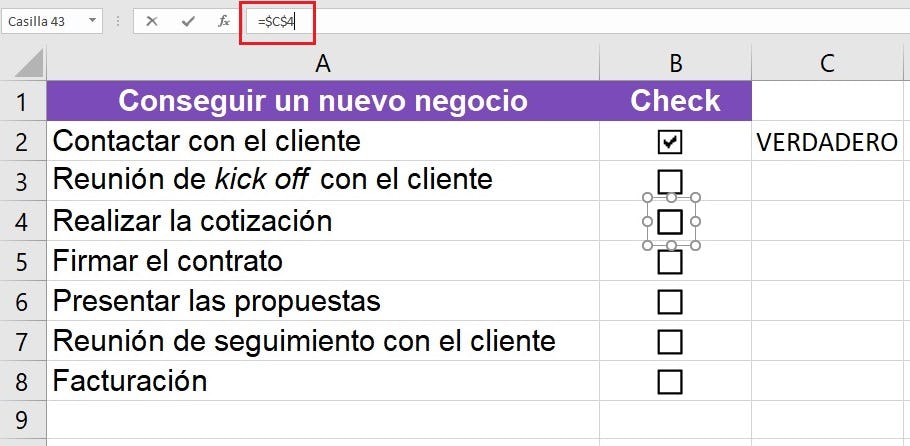 Imagen enlazar celdas con casillas de verificación en Excel