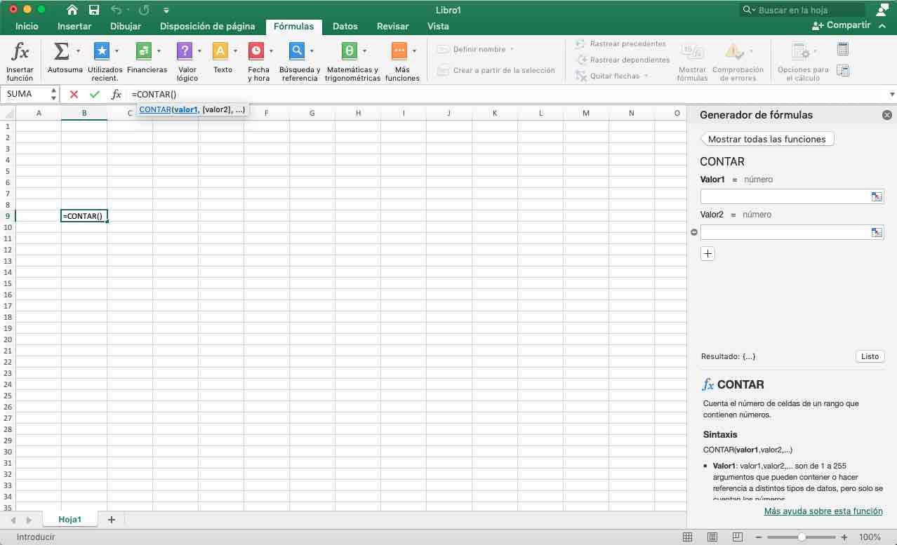 Seleccionando Contar números en Excel
