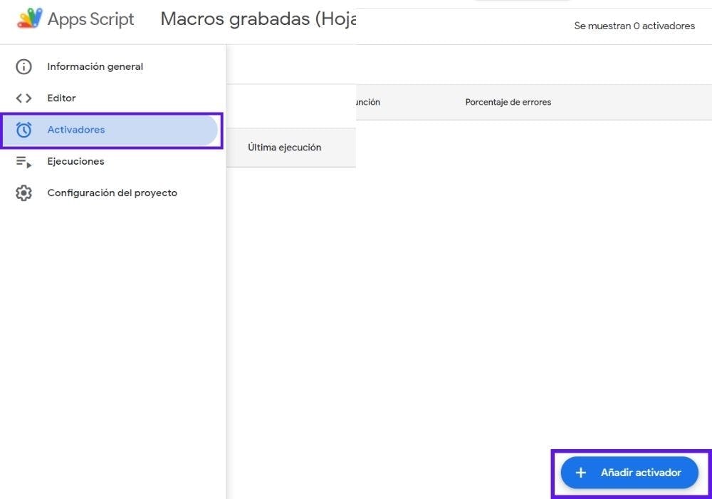 editar activadores en macros de Google Sheets