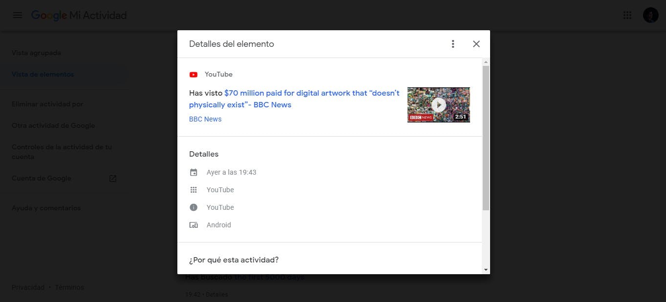 Ficha con historial de YouTube