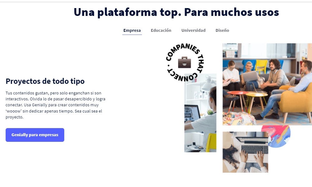 Herramientas de Genially divididas en diferentes clases