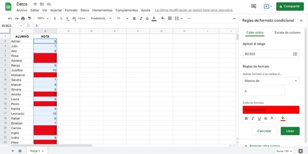 Ejemplo de formato condicional