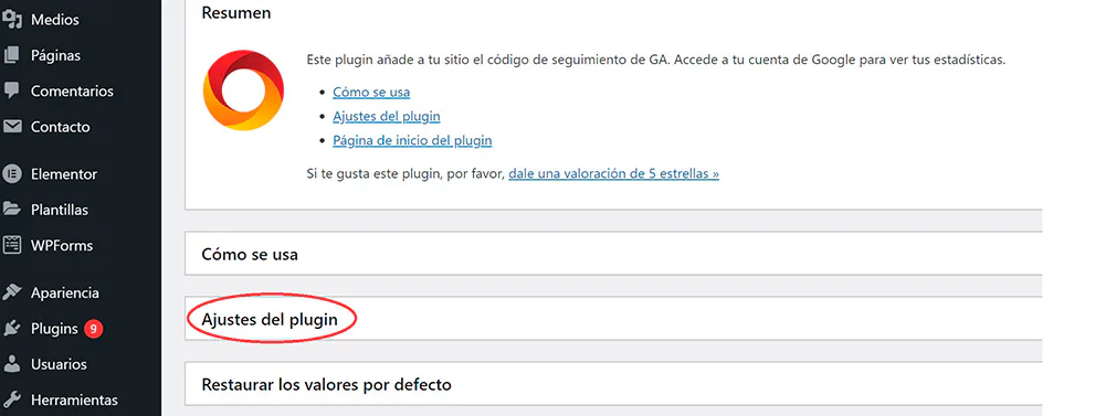 google analytics wordpress ajustes