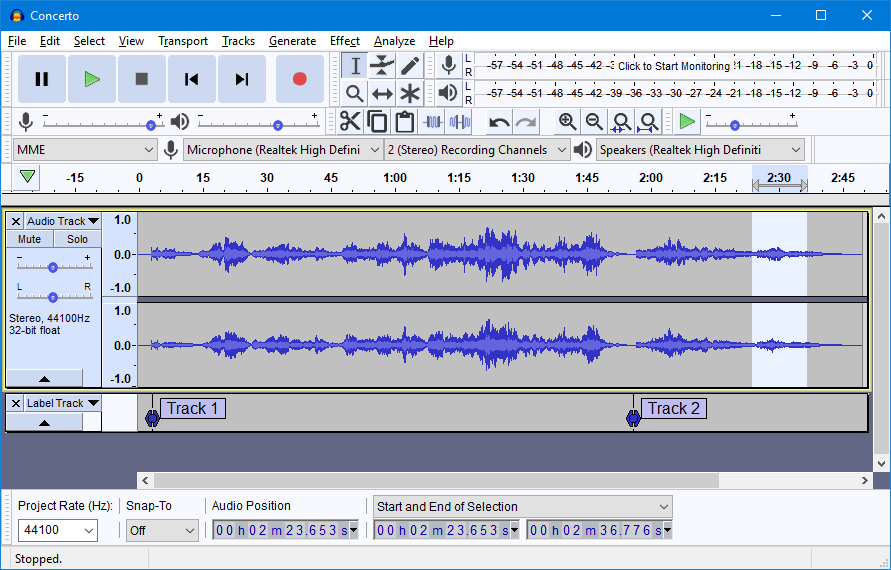 Interfaz programa de edición de Audio Audacity