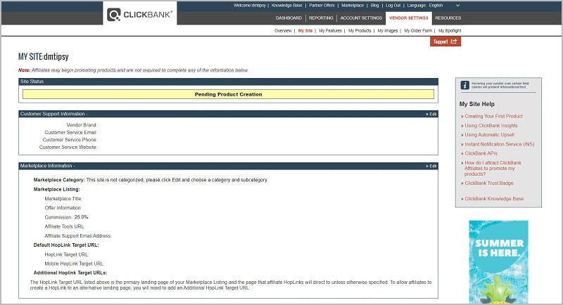 cuenta de vendedor en ClickBank