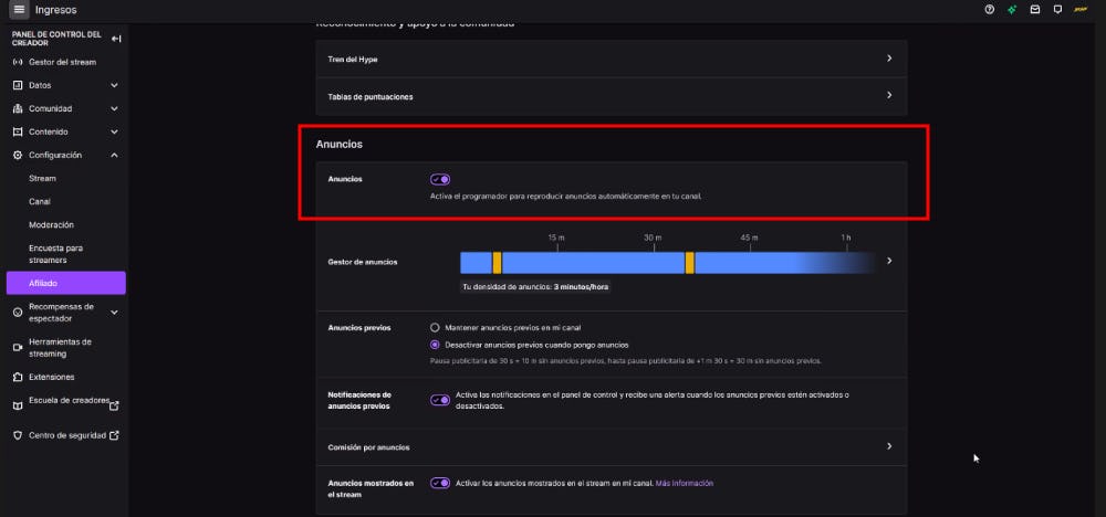 Paso 2.1 de cómo poner anuncios en Twitch