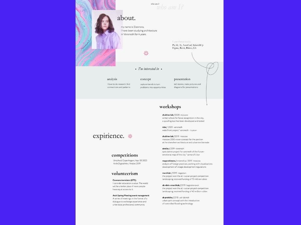 ejemplo de currículum creativo diseñado por Eleonora Sorokina