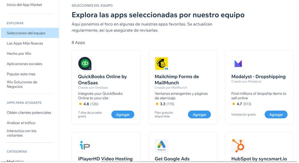 aplicaciones disponibles en Wix