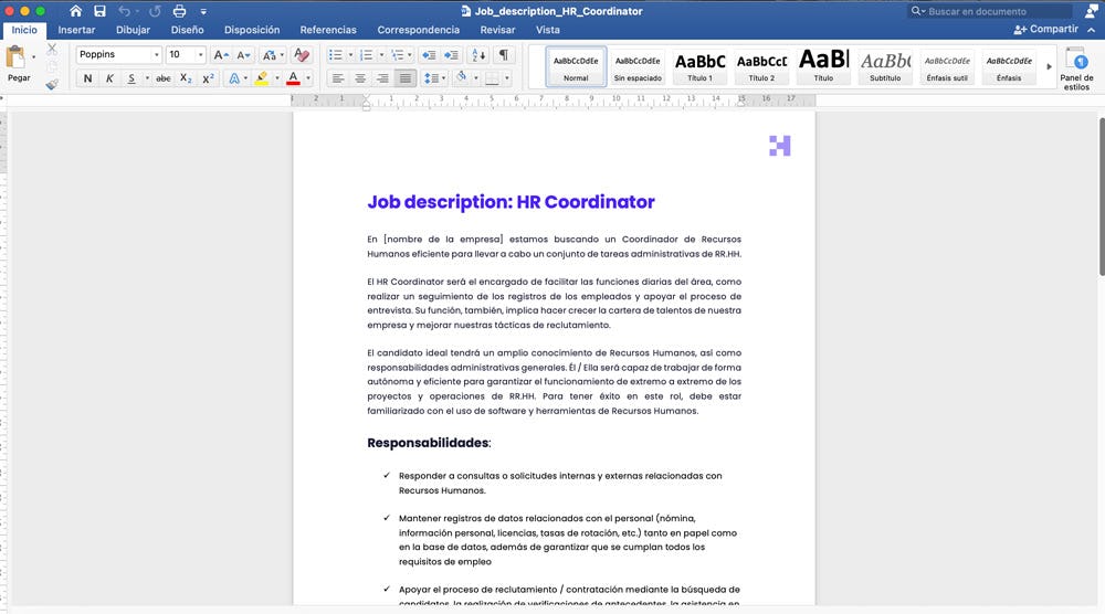 job description para un HR Coordinator