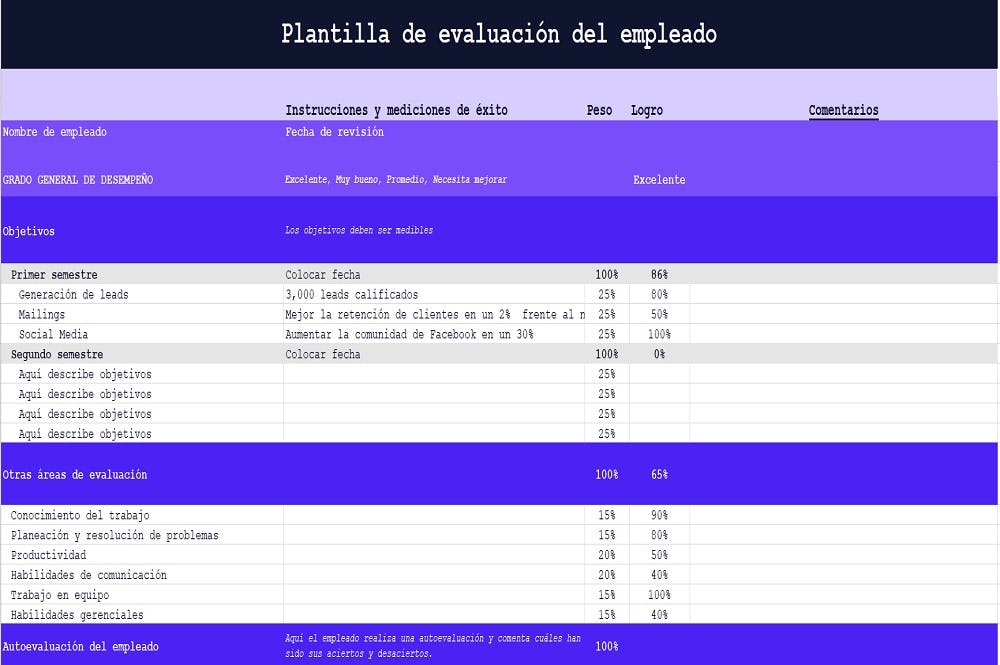 plantilla de evaluación de desempeño