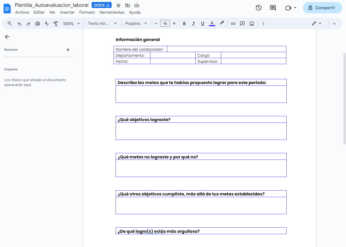 plantilla modelo de autoevaluación laboral