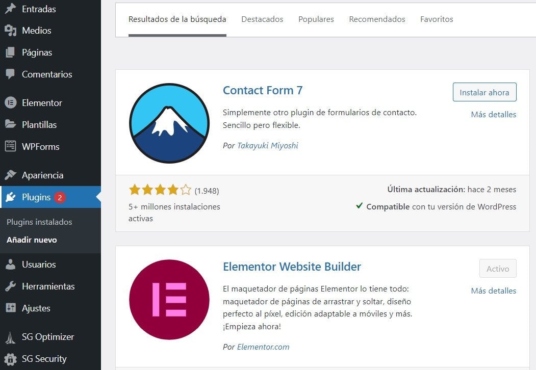 plugins en panel de WordPress