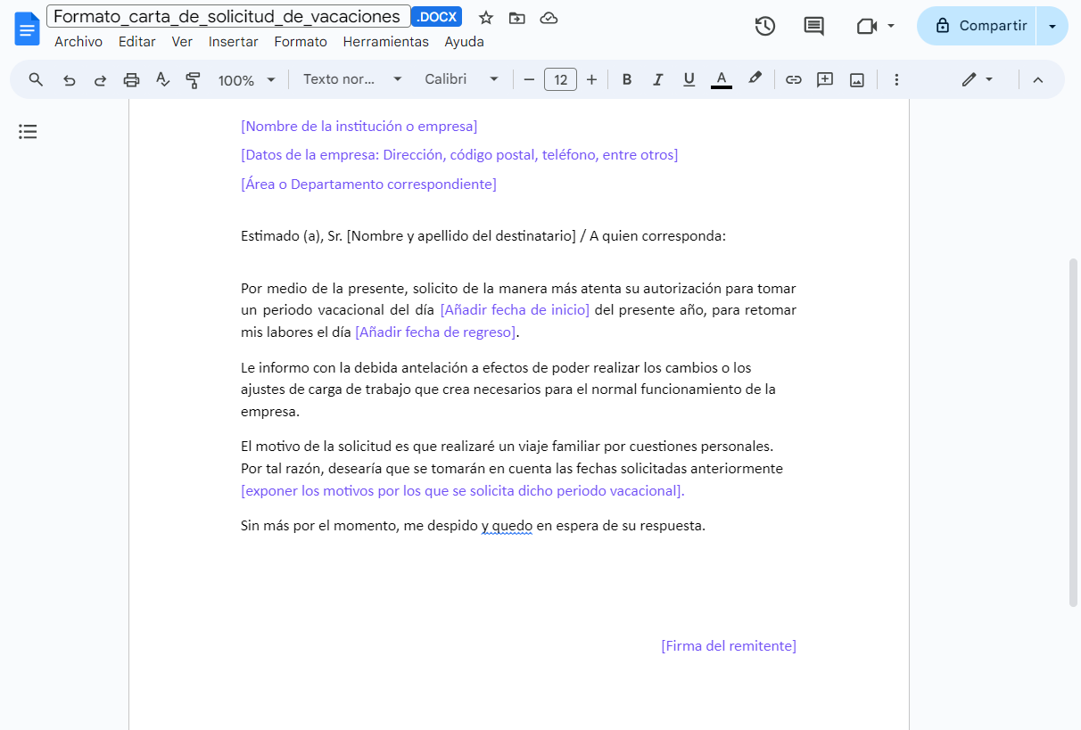 formato solicitud vacaciones