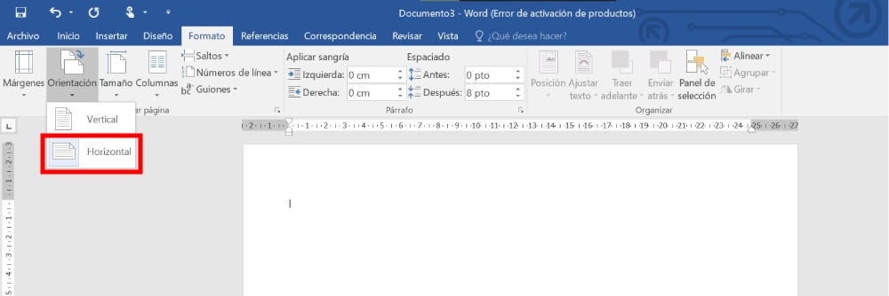 Posición horizontal en Word