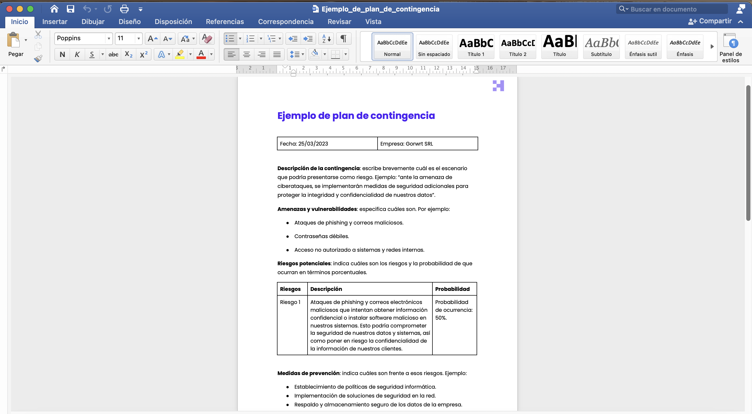 ejemplo de plan de contingencia