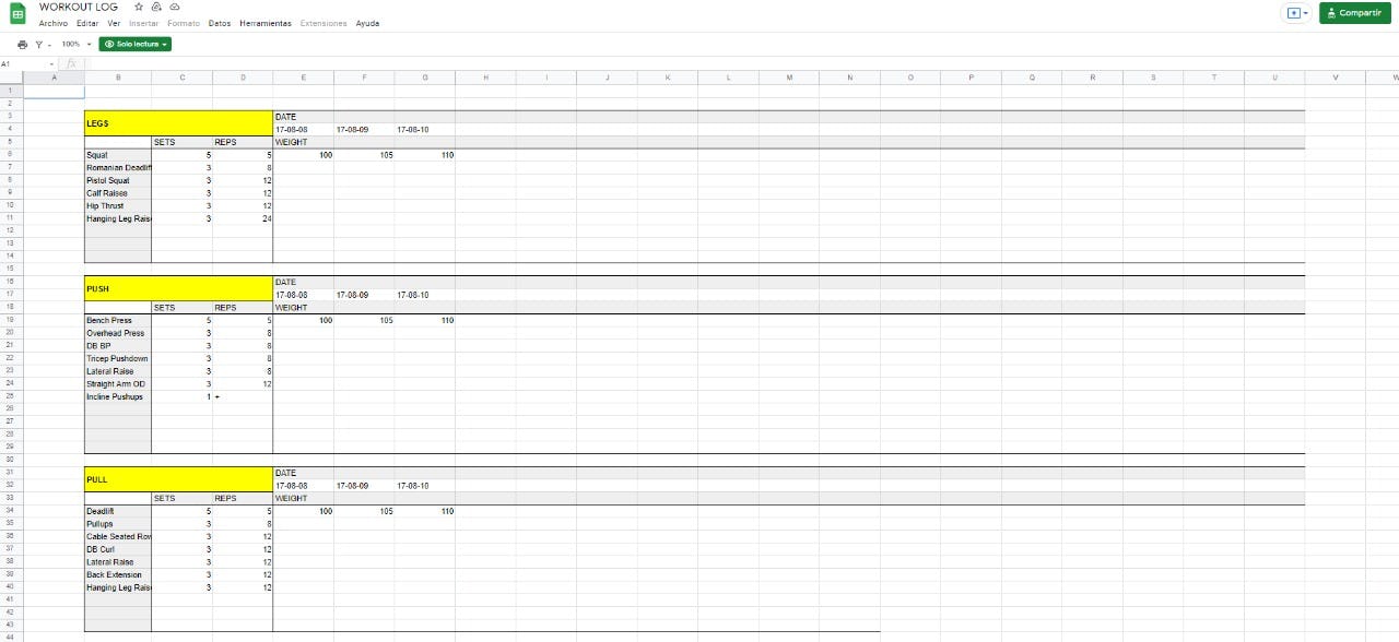 Rutina de ejercicios Google Sheets