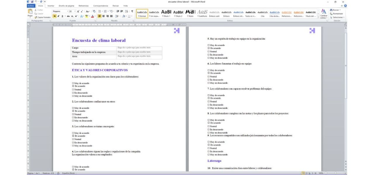 Cuestionario para encuesta de clima laboral