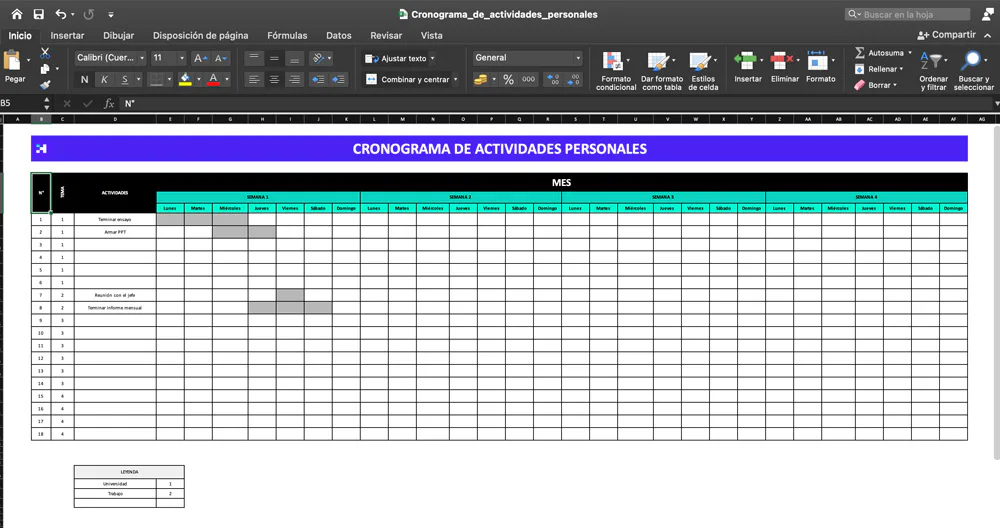 cronograma de actividades personales