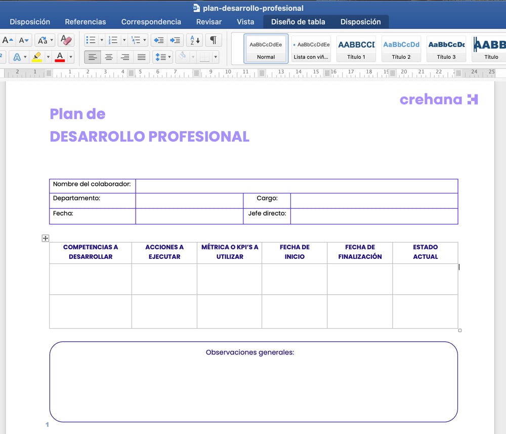 plantilla de plan de desarrollo profesional