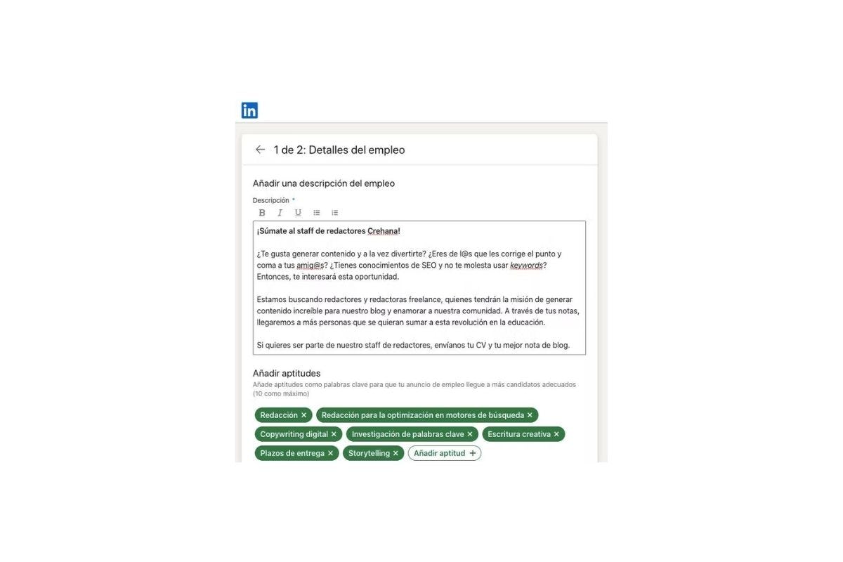 escribir detalles del empleo