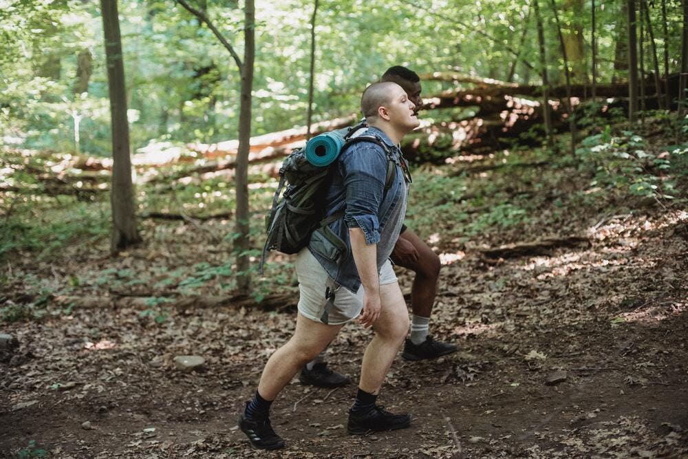 Hombres en caminata en el bosque en plano normal