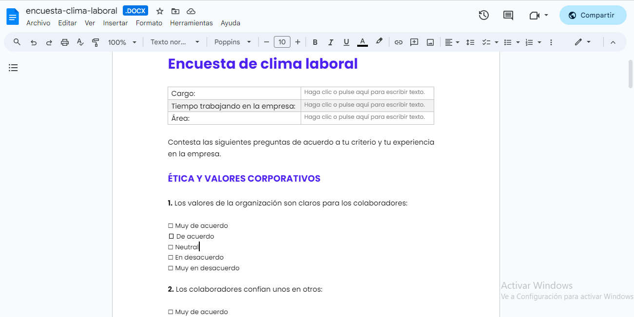 plantilla encuesta de clima laboral por Crehana word