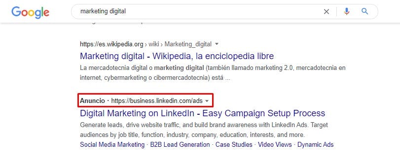 Ejemplo de SEM en Google