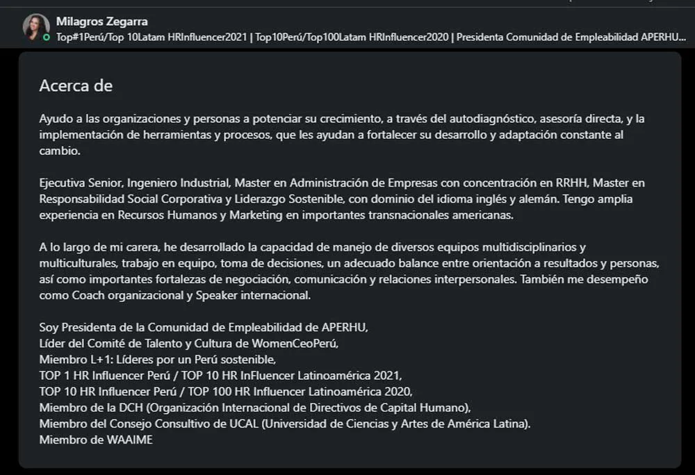 descripción de linkedin de Milagros Zegarra