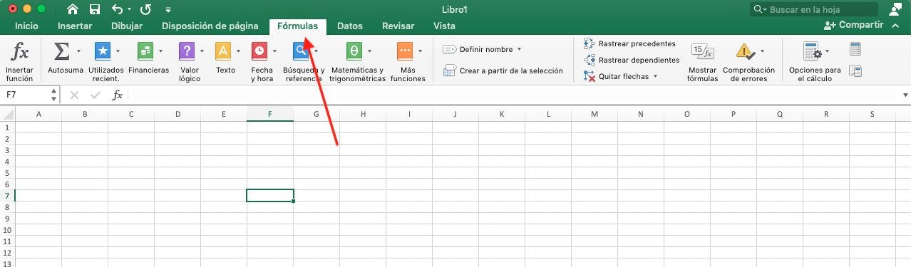 Pestaña fórmulas de Excel