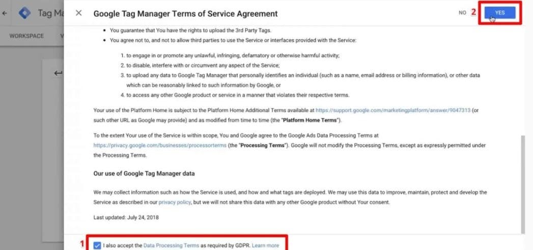 términos de servicio de Google Tag Manager