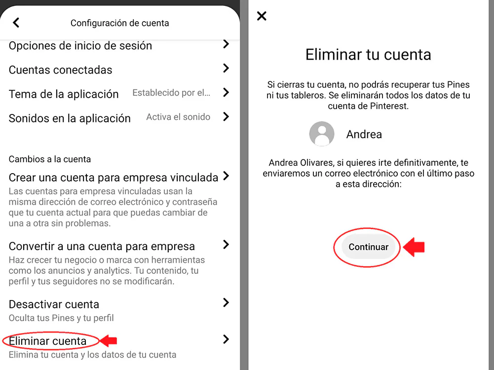 eliminar cuenta de pinterest desde el movil