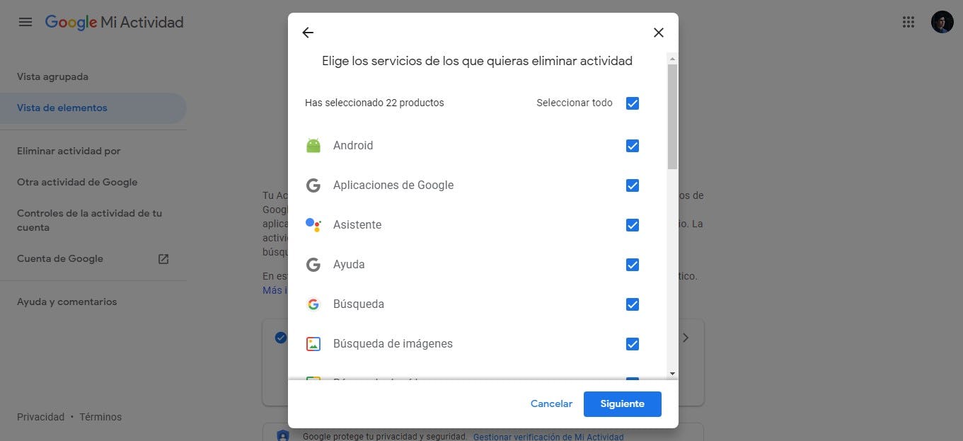 Opciones para borrar datos en cuenta de Google