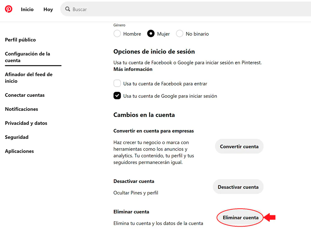 eliminar cuenta de pinterest paso 4