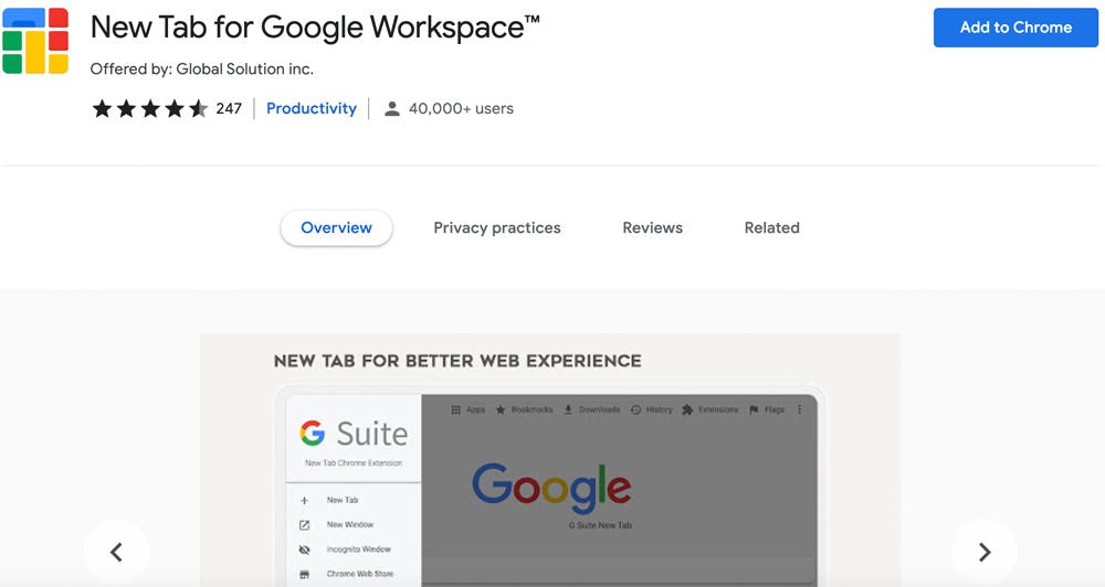 extensión de Google New Tab for Google Workspace