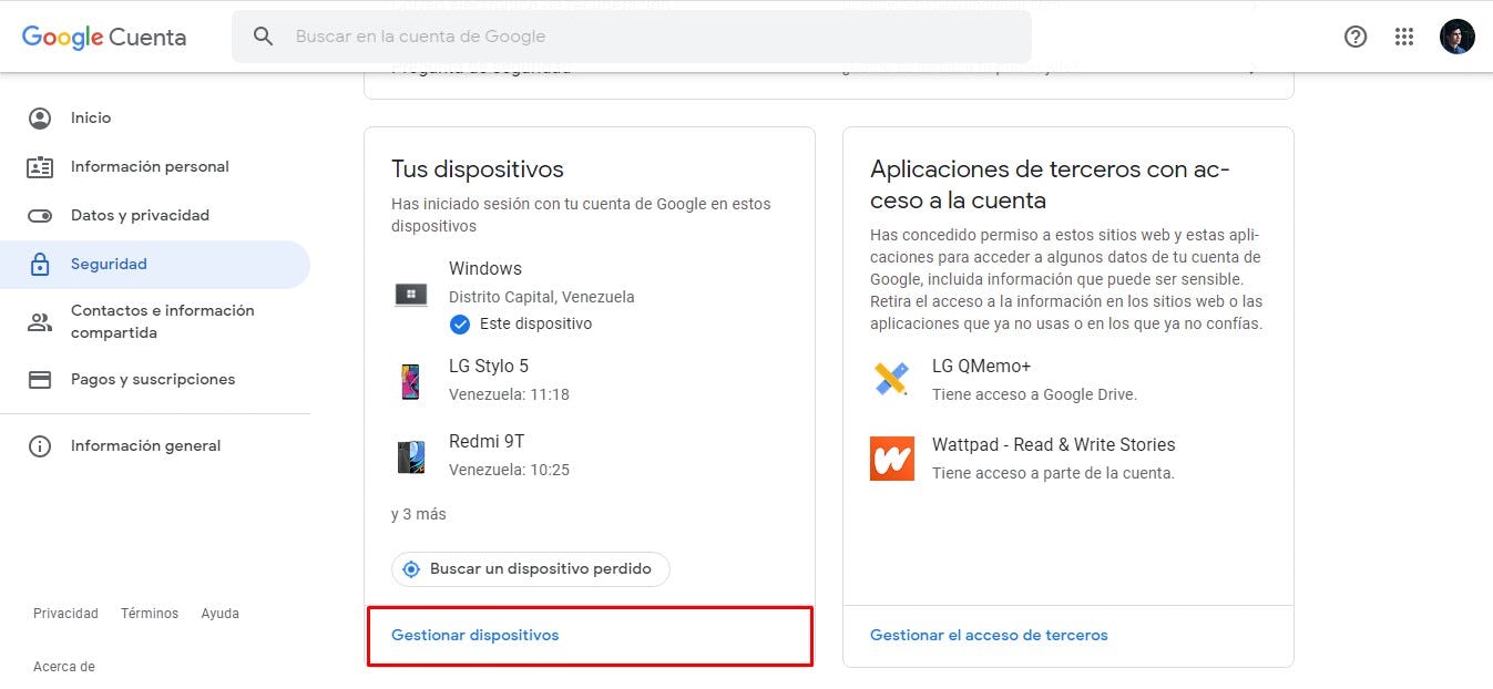 Dispositivos conectados a cuenta de Google