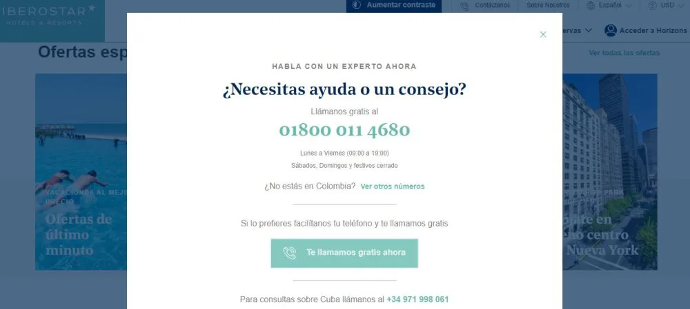 Información de contacto página web Iberostar