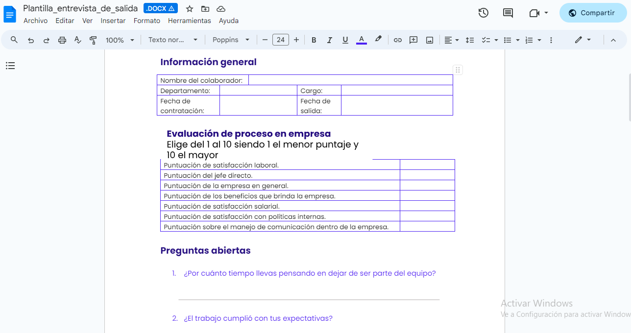 formato google doc word plantilla de entrevista de salida elaborada por Crehana