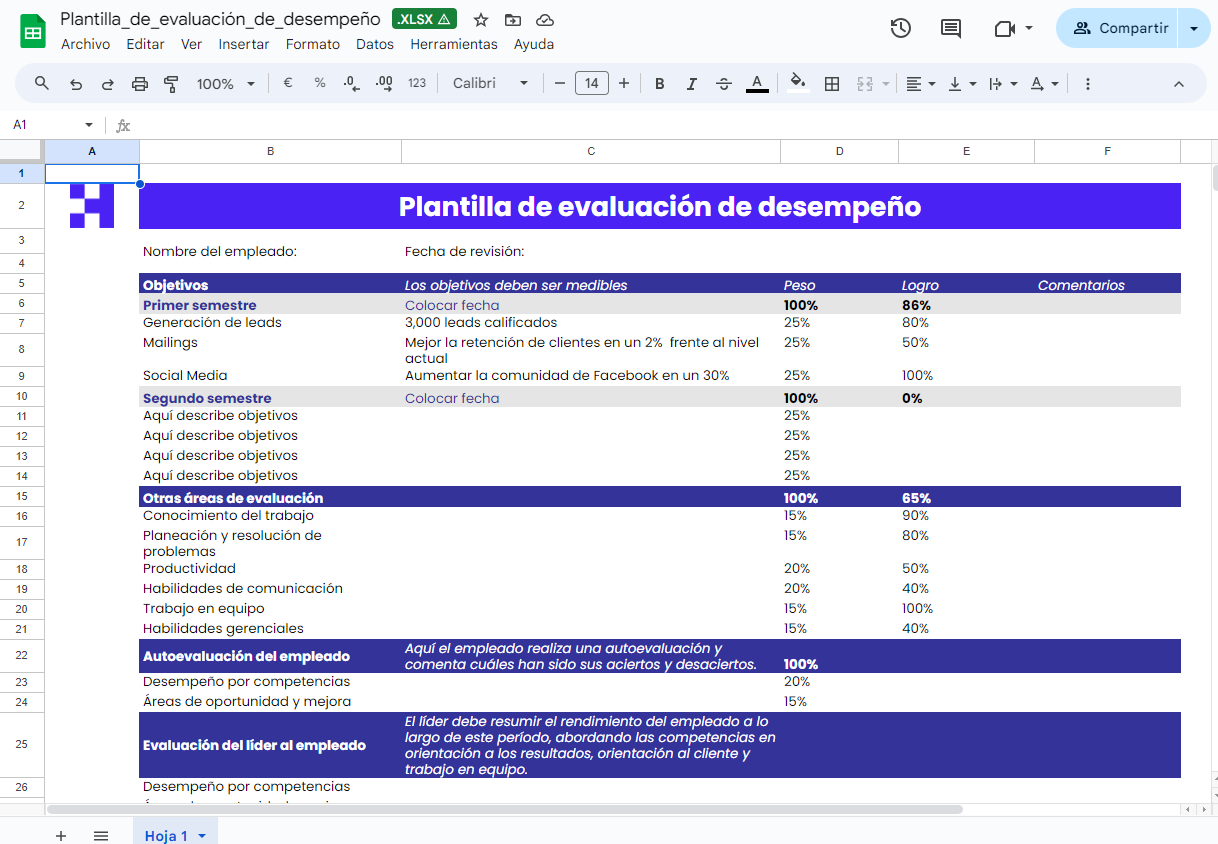 plantilla de desempeño laboral elaborada por Crehana