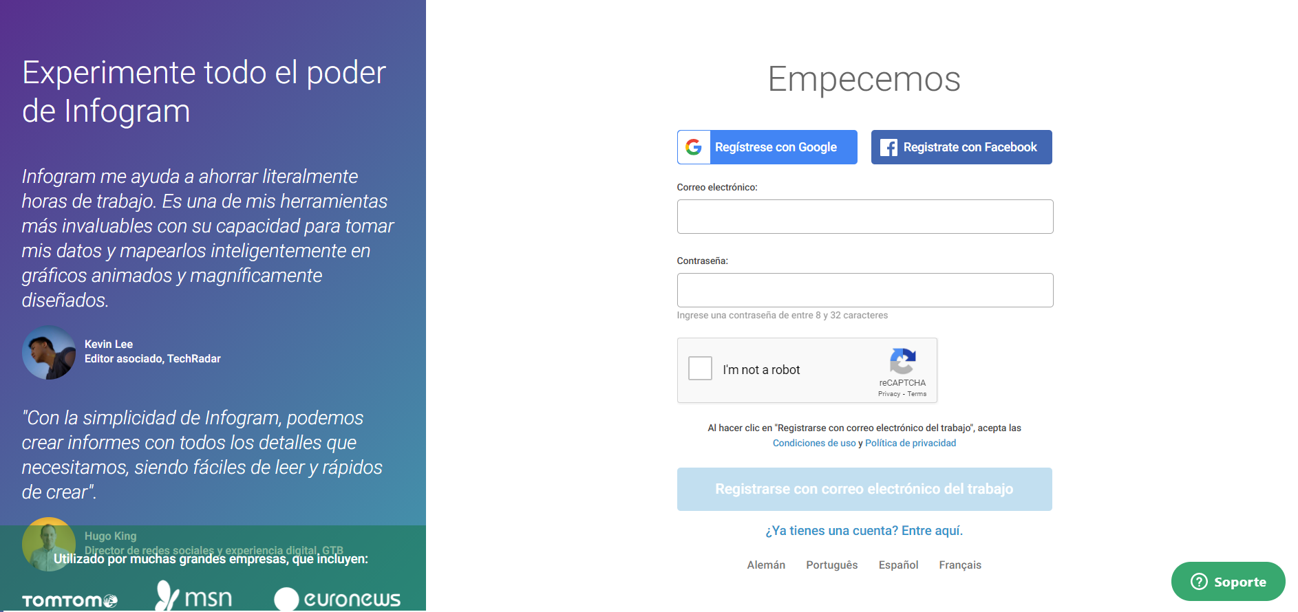 interfaz para crear cuenta Infogram para infografias gratis