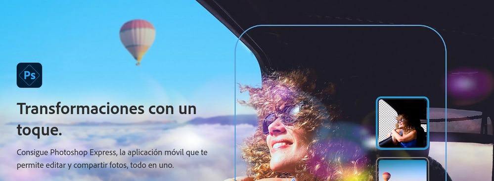 Pantalla de bienvenida de Photoshop Express